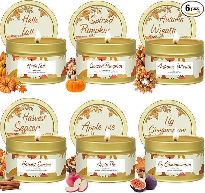 6 Pack Small Fall Candles Set,Pumpkin Scented Candles for Home Decor,Halloween Candle Gifts for Women, Jar Candle Scents of Berry, Spiced Apple Pie,Autumn Breeze,Thanksgiving, Fall Decoration Candle