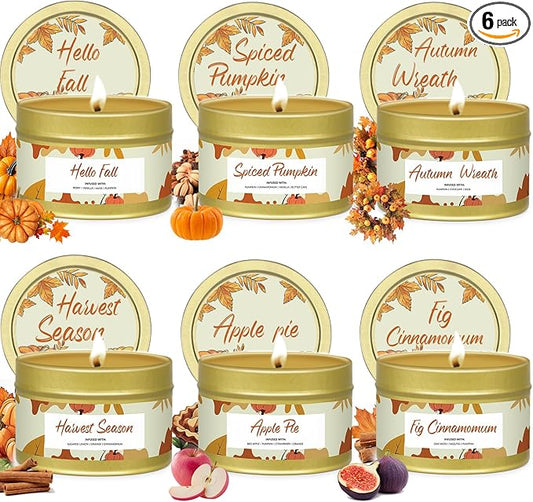 6 Pack Small Fall Candles Set,Pumpkin Scented Candles for Home Decor,Halloween Candle Gifts for Women, Jar Candle Scents of Berry, Spiced Apple Pie,Autumn Breeze,Thanksgiving, Fall Decoration Candle