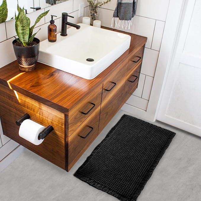 ZALL Waffle Bath Mat Black Super Absorbent Non Slip Bathroom Rug,Rhombus Geometric 18x30inch,Machine Washable Ultra Soft Floor Mats