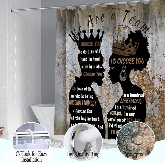 4Pcs Black Man Women Shower Curtain Set with Rugs Toilet Lid Cover Bath Mat, Romantic Couples Bathroom Decor Sets with Shower Curtain and Hooks, Waterproof Fabric King Queen Sets