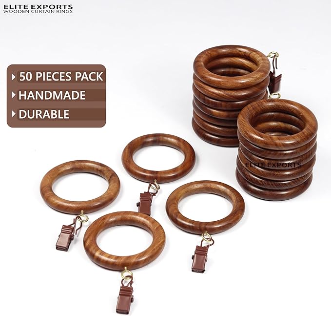 50 Pcs Curtain Rings with Clips Wooden, 2.5 inch for 1-1.5 inch Rod, Window Shower Curtain Hooks, Wood Curtain Rod Wood Curtain Rings with Eyelet, Drapery Rings, (50, 1.75 INCH Inner Dia)