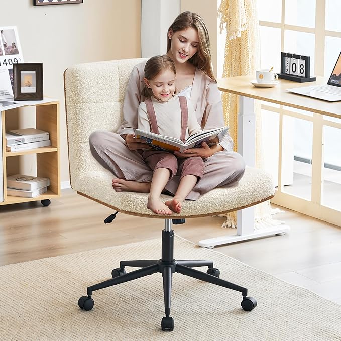 Furnimart Wide Swivel Criss Cross Legged Chair with Wheels, FSC Certified Wooden Desk Chair with Mid-Back Support, Comfy Armless Height Adjustable Vanity Chair for Desk, Bedroom (Faux Fur White)