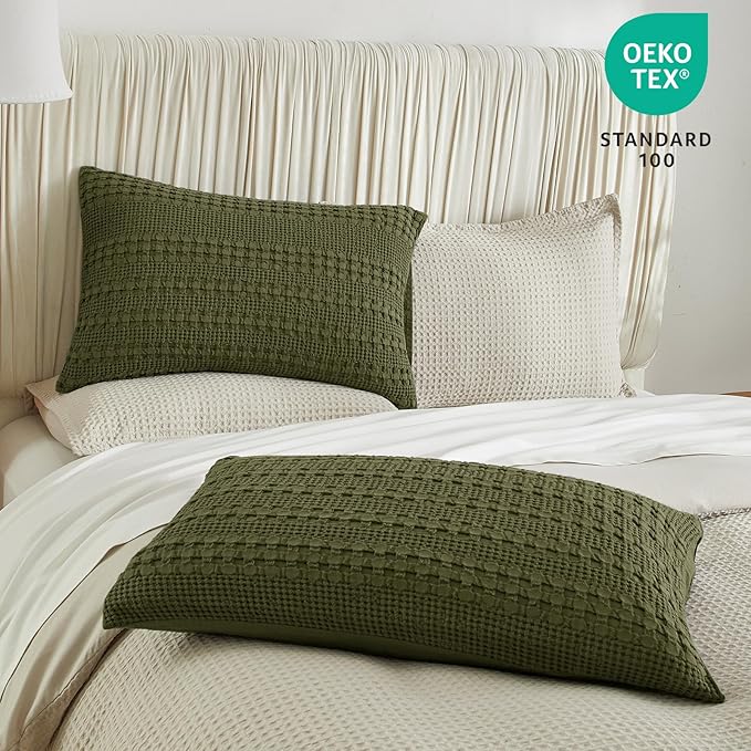 PHF 100% Cotton Waffle Pillow Shams King Size, 2 Pack 20" x 36" Soft Skin-Friendly Pillowcases, No Filling, Aesthetic Woven and Breathable Waffle Weave Pillow Case Covers for Bed, Capulet Olive