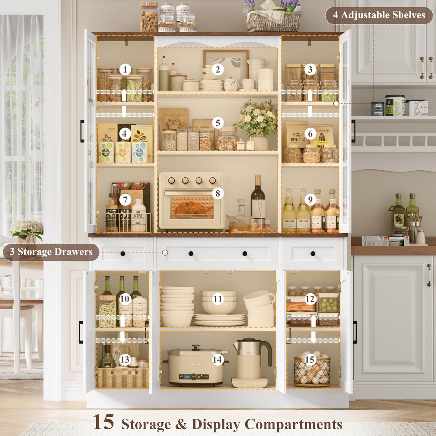 Keyluv 74.8" H Tall Pantry Cabinet with Microwave Stand and 3 Drawers, Large Kitchen Hutch Storage Cabinet with Glass Door and Adjustable Shelves for Kitchen, Dining Room, Living Room, White