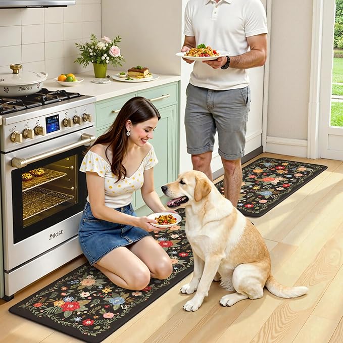KIMODE Kitchen Mats Cushioned Anti Fatigue, Black Floral Kitchen Rugs Sets of 2, Padded Kitchen Floor Mats Non Slip, Comfort Foam Standing Mats for Laundry Office Sink Desk 17"x47"+17"x29"