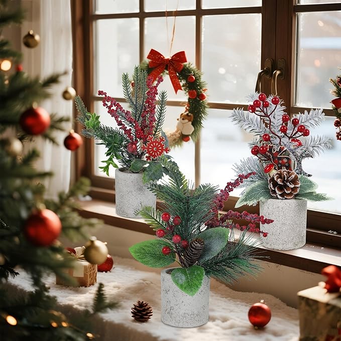 winemana 3 Pack Mini Christmas Trees for Table Centerpieces, 11 Inch Small Artificial Xmas Tree with Red Berries & Pine Cones for Home, Office Desk, Tabletop, Indoor Holiday Decorations