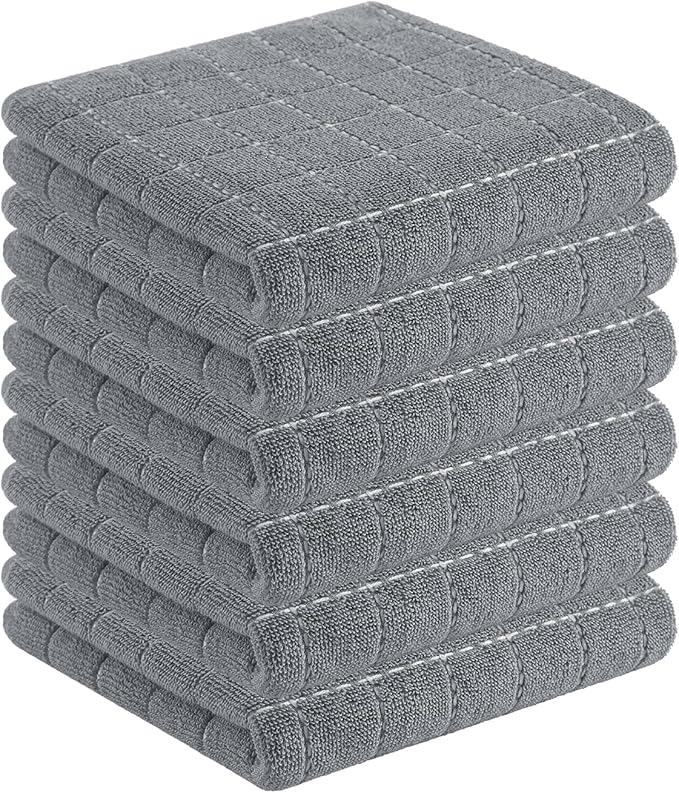 Homaxy 100% Cotton Terry Kitchen Towels(Grey, 13 x 28 inches), Checkered Designed, Soft and Super Absorbent Dish Towels, 6 Pack