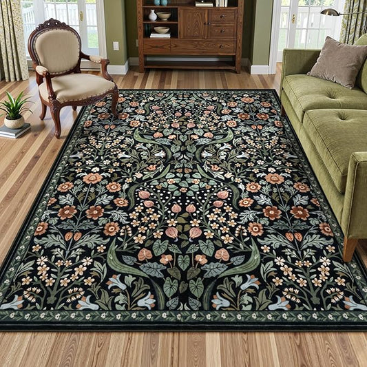 Lahome Floral 5x7 Rug for Living Room, Soft Washable Area Rugs for Bedroom, Botanical Thin Stain-Resistant Black Boho Carpet for Dining Room, Guestroom, Nursery Indoor