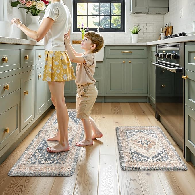 KIMODE Kitchen Rugs and Mats 2PCS Cushioned Anti Fatigue Kitchen Mat Non-Skid Waterproof Kitchen Runner Rug for Kitchen Decor,Floors,Office,Laundry,Blue and Gold