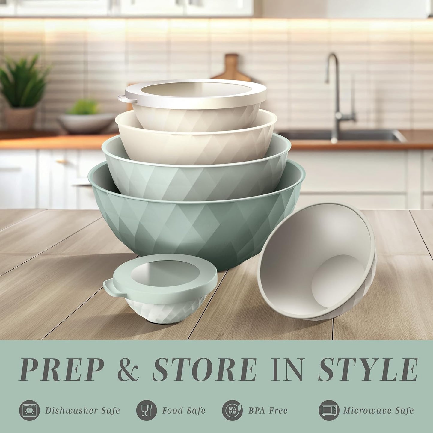 COOK WITH COLOR Mixing Bowls with Lids - 12 Piece Plastic Nesting Bowls Set includes 6 Prep Bowls and 6 Lids, Diamond Design - Microwave Safe, Mint