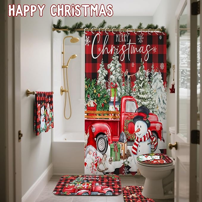 8 Pcs Christmas Shower Curtain Set Xmas Santa Bathroom Decoration Christmas Tree Hand Towels Snowman Toilet Lid Cover Bathroom Rugs Xmas Shower Curtain with Hooks(Buffalo Plaid)