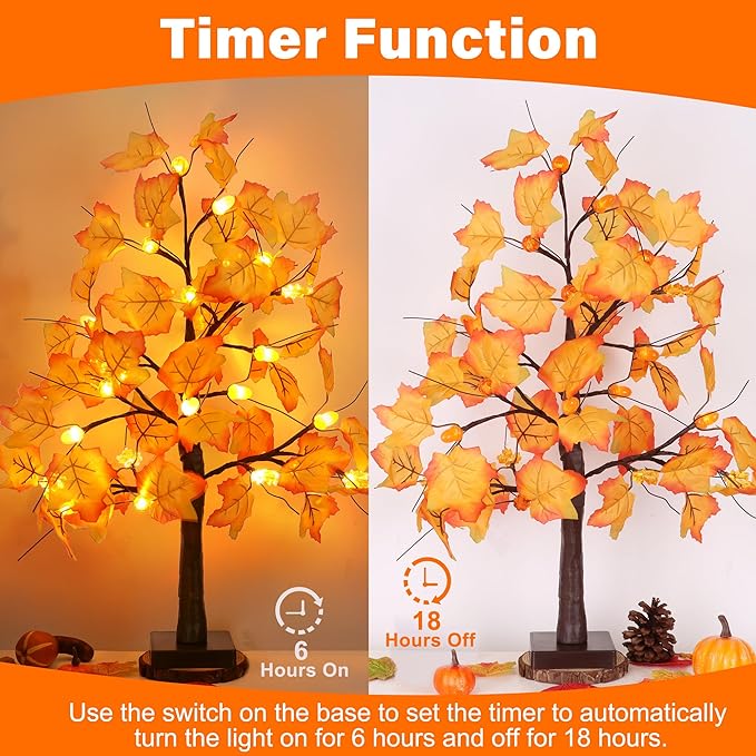 2 Pack 24 Inch Fall Maple Tree with 48LED Battery Operated Lighted Tabletop Artificial Tree with Pumpkin Acorn Maple Fall Centerpieces Indoor Fall Decorations for Home Office Thanksgiving Table Decor