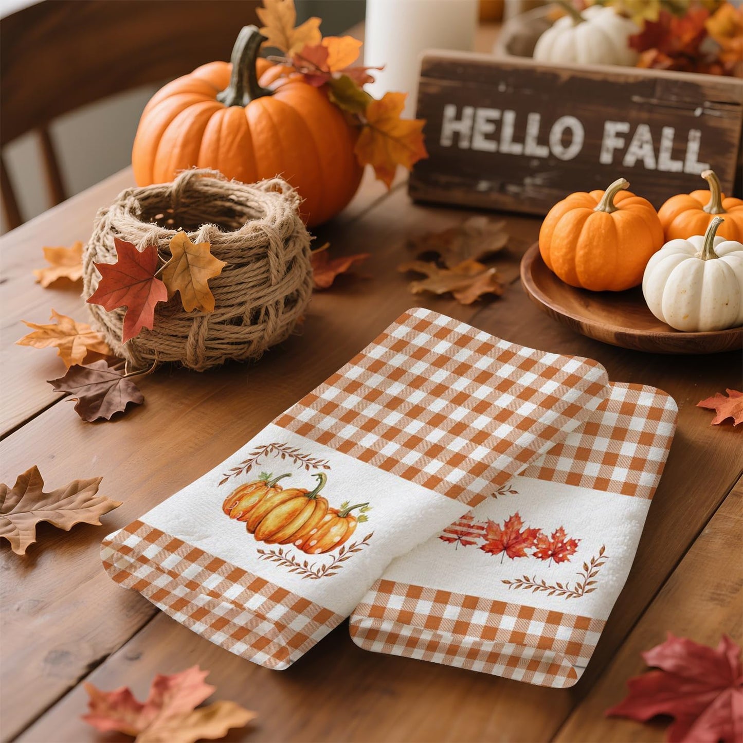 Fall Kitchen Towels Orange Pumpkin Maple Autumn Dish Towels Home Farmhouse Thanksgiving Kitchen Decor Set of 2, 18x26 Inch