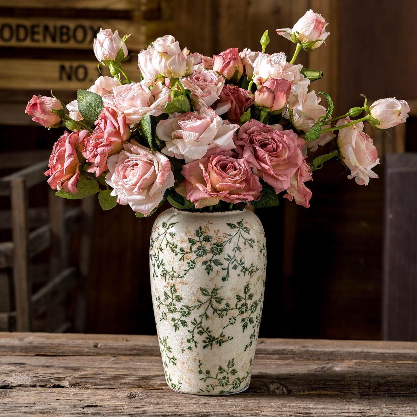 Vintage Pastoral Green and Beige Flower Vase, Ceramic Floral Vases, Retro Ice Cracked Chinoiserie Vase for Home Cottage Core Decor, Bookshelf, Office, Mantel, Wedding Rustic Table Centerpiece 8.5 Inch