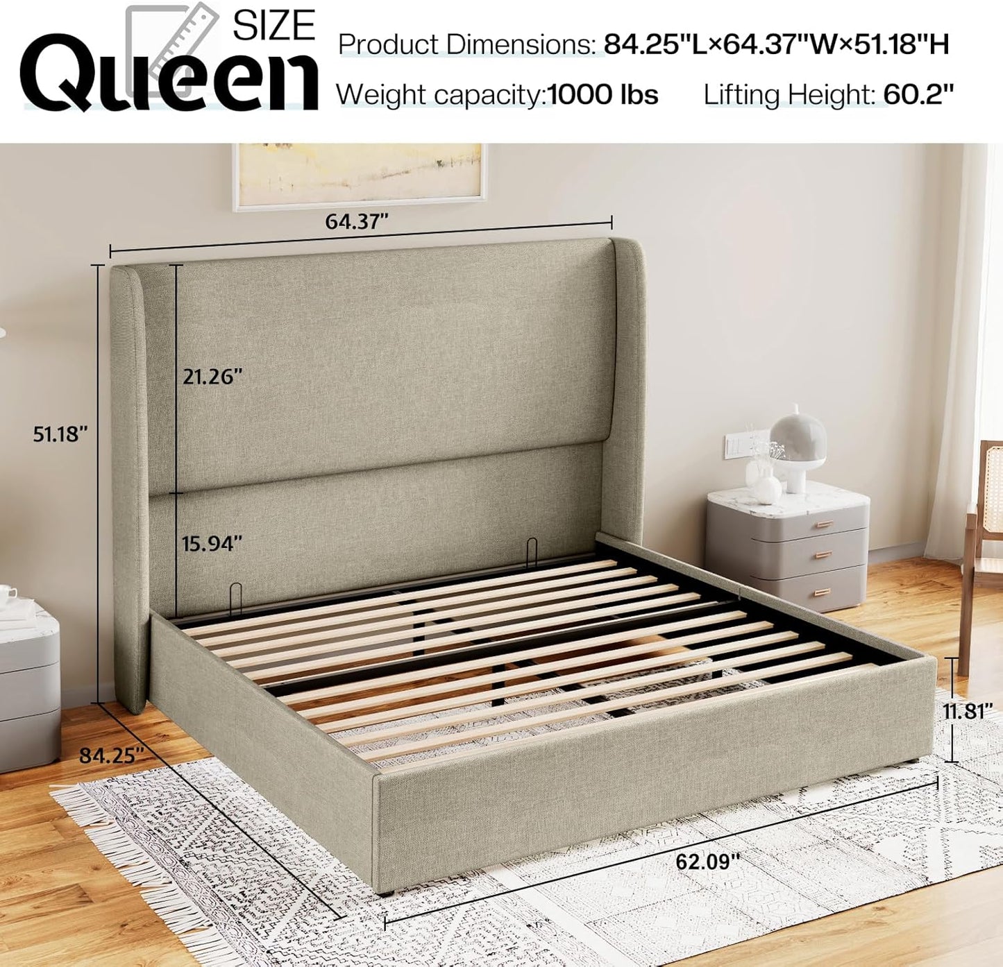 Jocisland Queen Size Bed Frame Lift Up Storage Bed Linen Upholstered Bed Frame with Hydraulic Storage/Wingback Headboard/No Box Spring Needed/Khaki