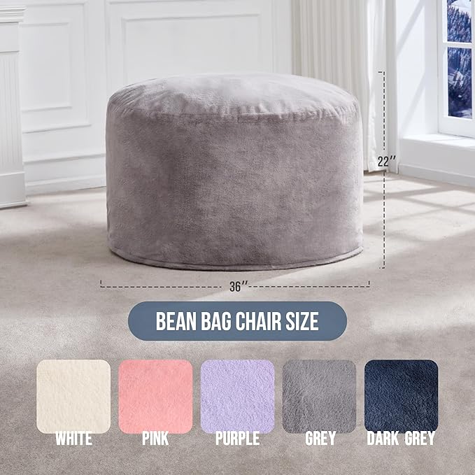 Hobestluk 3ft Bean Bag Chairs for Adults Large Beanbag Chair with Plush Faux Fur Cover Big Bean Bag Chair for Living Room Bedroom Dorm Office - Grey (36” x 36” x 22”)