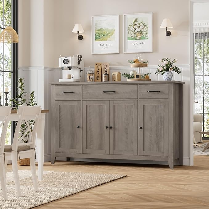 HORSTORS 55" Buffet Cabinet, Modern Farmhouse Sideboard Buffet with Drawers, Large Kitchen Storage Cabinet with Adjustable Shelves, Wood Coffee Bar for Kitchen, Dining Room, Living Room, Grey