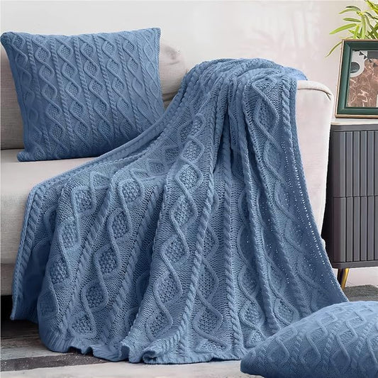 Homiest Dusty Blue Cable Knit Throw, 60 x 80 Inch, Lightweight Acrylic Knitted Blanket with Diamond Texture, Soft & Cozy for Couch, Bed, Sofa