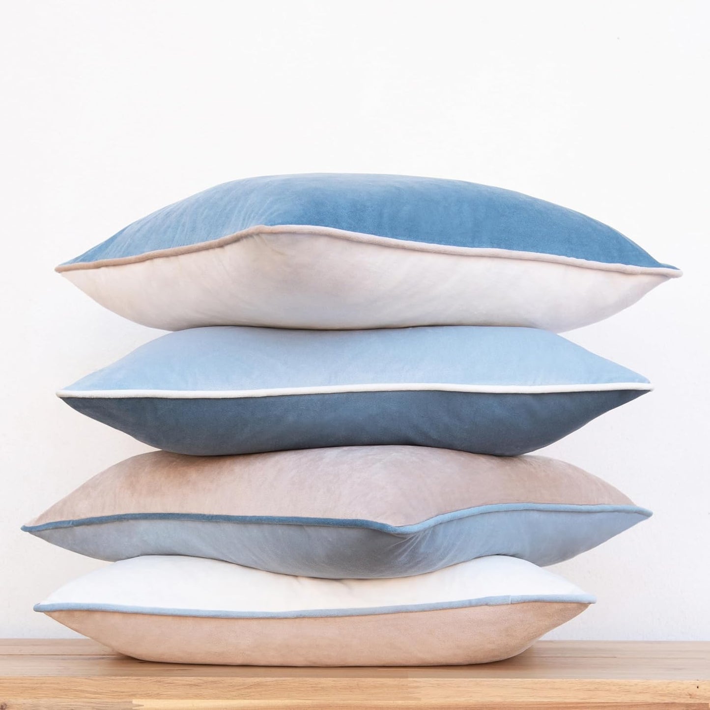 MONDAY MOOSE Decorative Throw Pillow Covers Cushion Cases, Set of 4 Soft Velvet Modern Double-Sided Designs, Mix and Match for Home Decor, Pillow Inserts Not Included (16x16 inch, Beige/Light Blue)