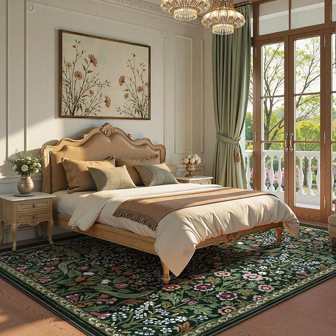 Lahome Floral 8x10 Green Living Room Rugs, Large Washable Area Rug for Bedroom Rubber Backed, Botanical Thin Stain-Resistant Carpet for Dining Room Under Table, Kids Room, Nursery