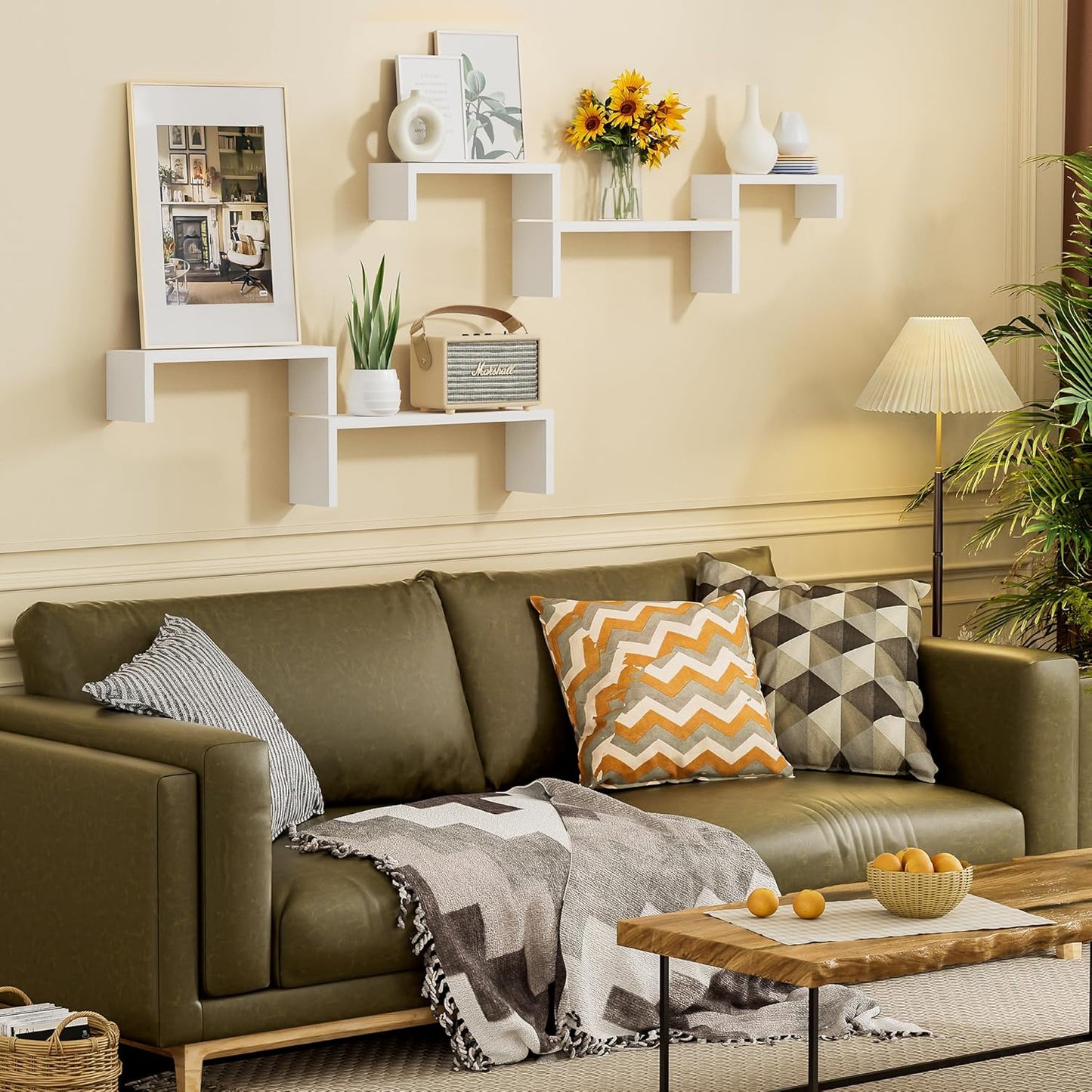 SRIWATANA Floating Shelves for Wall, Wall Shelves for Bathroom, Bedroom, Living Room, Kitchen, Office, Wood Shelves for Home Decor Set of 5 (Washed White)