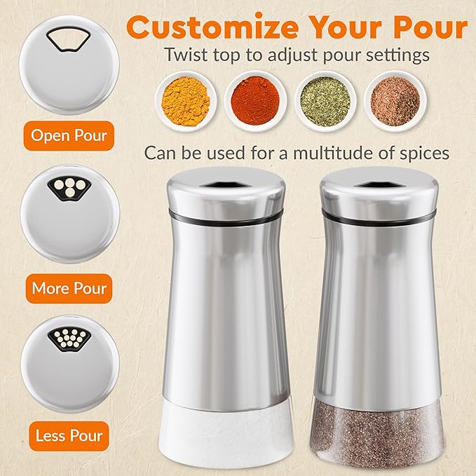 HOME EC Original Salt and Pepper Shakers Set with Adjustable Pour Holes - Glass and Stainless Steel Salt Shaker and Pepper Shaker - Farmhouse Spice dispenser for salts, ground peppercorn and spices