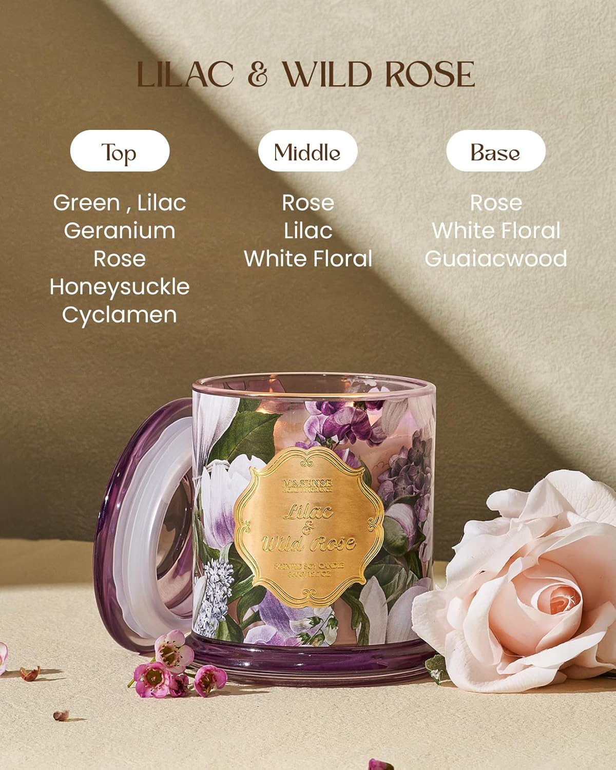 M&SENSE Lilac Rose Scented Candles, Natural Plant-Based Soy Candles Non Toxic, Relaxing Aromatherapy Candles for Bath Spa, 2 Wick 12.7oz Large Jar Candle 75 Hour Long Lasting Burn