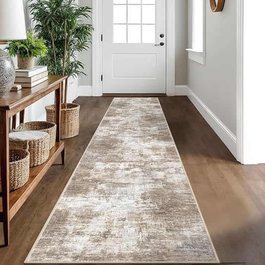 IOHOUZE Abstract Runner Rug 2x10 Ft Washable Runners for Hallways, Non Slip Kitchen Runner Printed Faux Wool Entryway Runner Indoor, Modern Abstract Floor Carpet for Hall Kitchen, Beige Brown