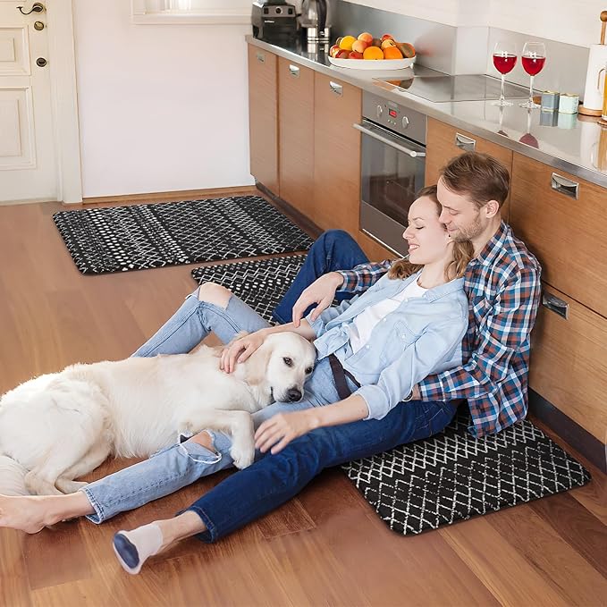 KIMODE Anti Fatigue Kitchen Mats for Floor 2 Piece, Cushioned Farmhouse Kitchen Rugs, Memory Foam Kitchen Floor Mats, Standing Desk Mats for Laundry Office Sink Black 20"x47"+20"x32"