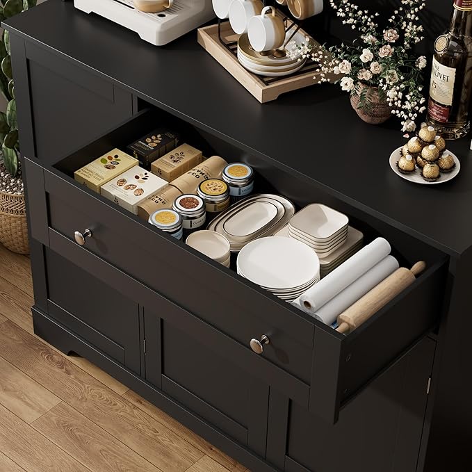 HOSTACK Kitchen Pantry Storage Cabinet with Hutch, Tall Kitchen Hutch with Microwave Stand, Food Pantry Cabinet with Doors and Shelves | Wine Rack for Dining Room, Black