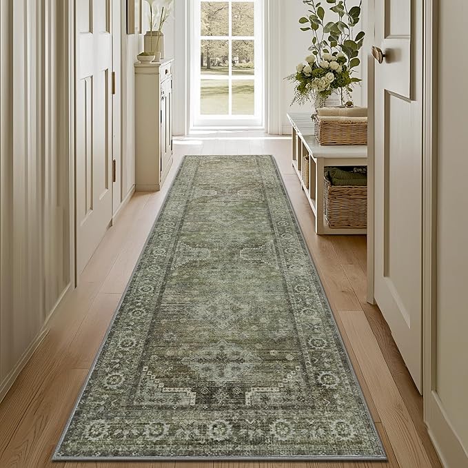 Runner Rug for Hallway Kitchen, 2x10 Machine Washable Runners Rug for Entryway, Soft Modern Boho Throw Rugs, Low Pile Floor Cover with Non Slip Backing, Distressed Light Greyish Sage Green