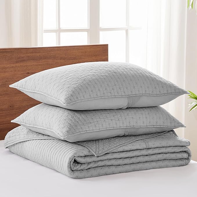 Levtex Home Cross Stitch Reversible Queen Bedspread Set (104x106in) with 2 Pillow Shams (26x20in) - Stitch Texture - Light Grey - Cotton Queen Size Bedspread Set - Lightweight, Soft, Pre-Washed