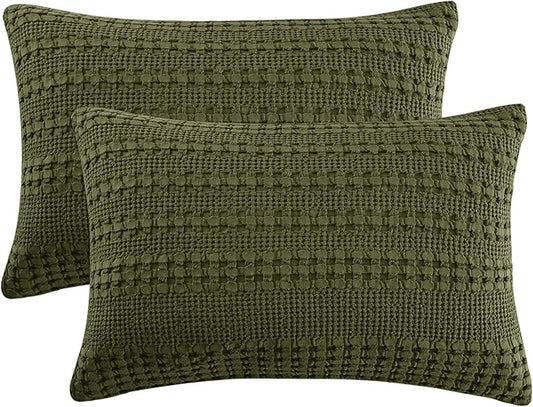 PHF 100% Cotton Waffle Pillow Shams King Size, 2 Pack 20" x 36" Soft Skin-Friendly Pillowcases, No Filling, Aesthetic Woven and Breathable Waffle Weave Pillow Case Covers for Bed, Capulet Olive
