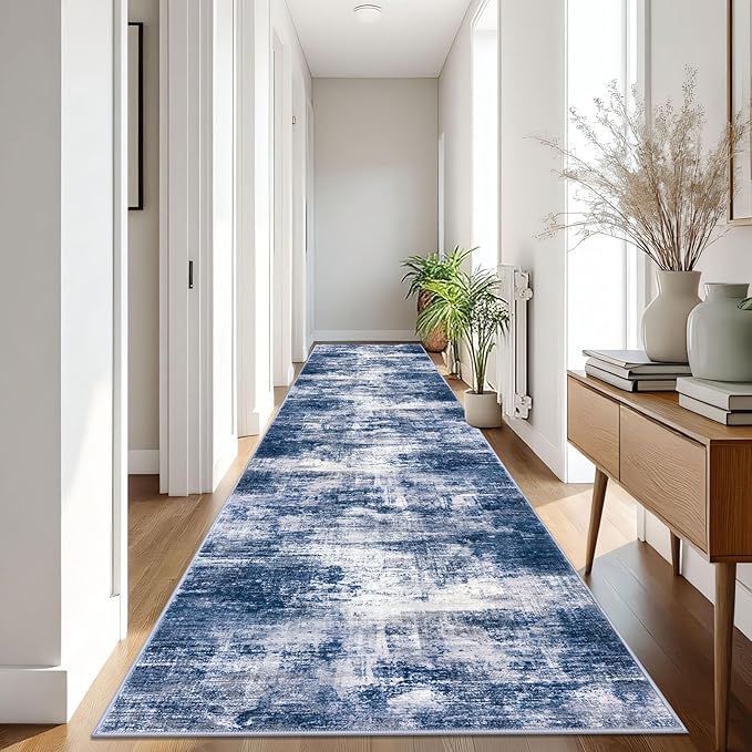IOHOUZE Abstract Runner Rug 3x16 Ft Washable Runners for Hallways, Non Slip Kitchen Runner Printed Faux Wool Entryway Runner Indoor, Modern Abstract Floor Carpet for Hall Stair, Navy/Grey
