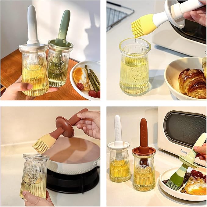 Oil Dispenser with Brush - Glass Olive Oil Dispenser for Kitchen, 3 IN 1 Oil Dispenser Bottle with Silicone Basting Brush for Cooking Vinegar Sauce BBQ Grill Frying (Brown/White)