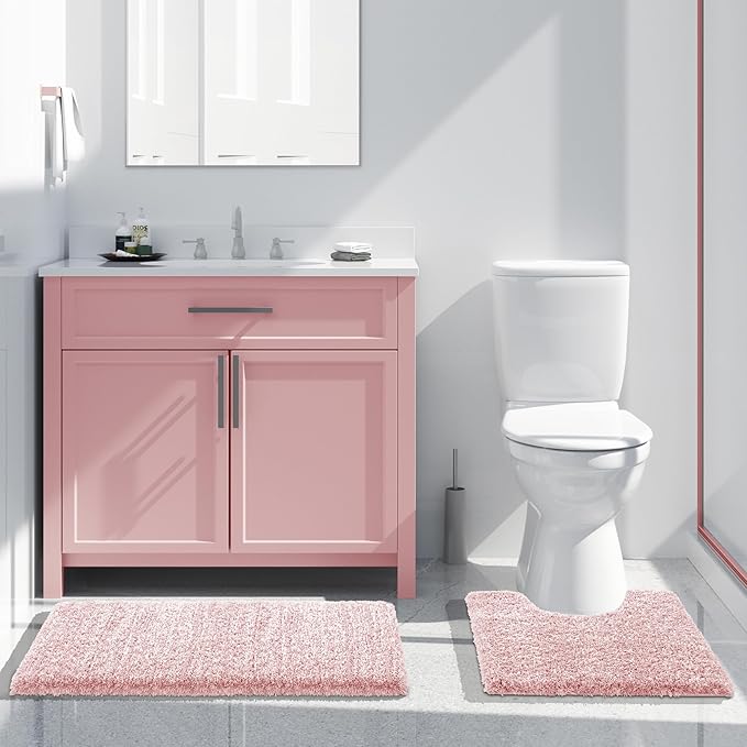 Yimobra Toilet Rugs U Shaped Washable 24x20, Ultra Soft and Water Absorbent Bath Mats, Non Slip Fluffy Shaggy Luxury Microfiber Contour Bath Rugs for Toilet, Dry Quick, Light Pink and White
