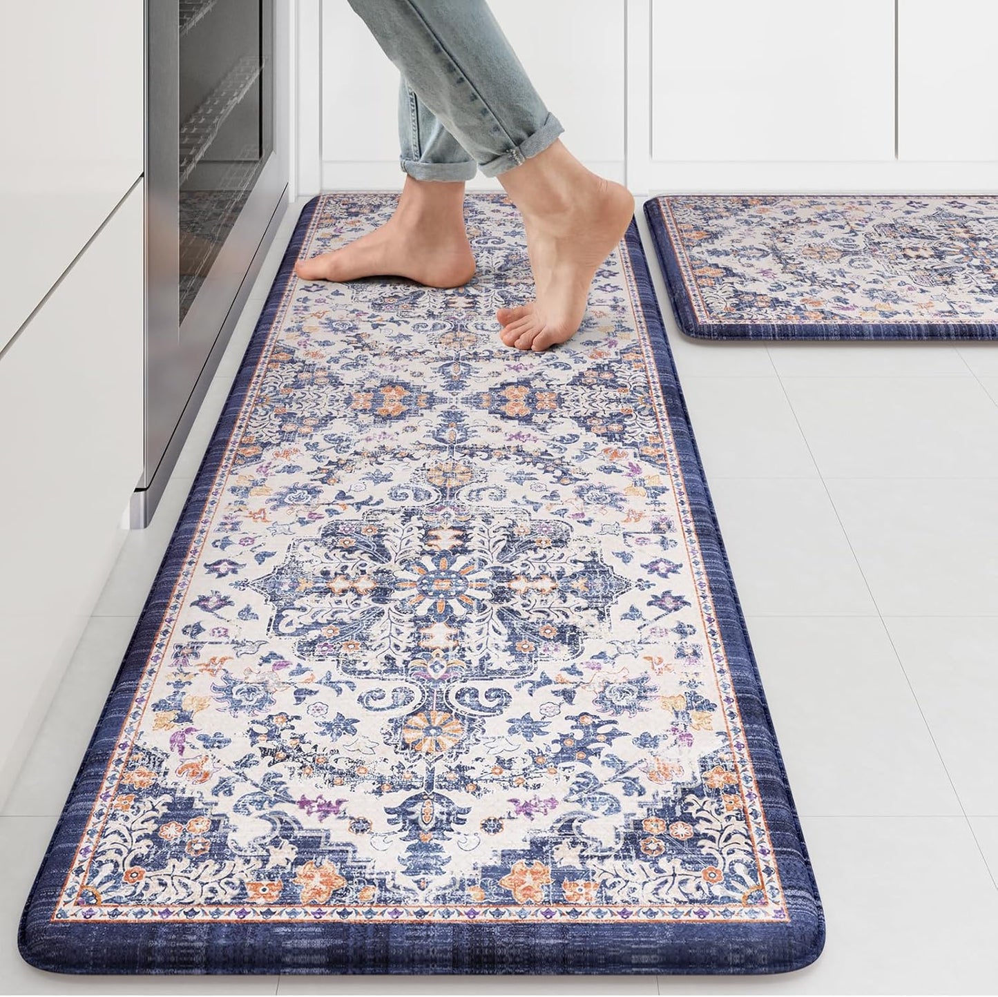 KIMODE Kitchen Mats for Floor, Boho Floral Blue Kitchen Rugs Sets of 2, Anti Fatigue Mats for Kitchen Floor, Cushioned Comfort Kitchen Floor Mats for Sink, Laundry, Desk,17"x47"+17"x29"