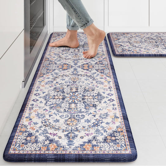 KIMODE Kitchen Mats for Floor, Boho Floral Blue Kitchen Rugs Sets of 2, Anti Fatigue Mats for Kitchen Floor, Cushioned Comfort Kitchen Floor Mats for Sink, Laundry, Desk,17"x47"+17"x29"