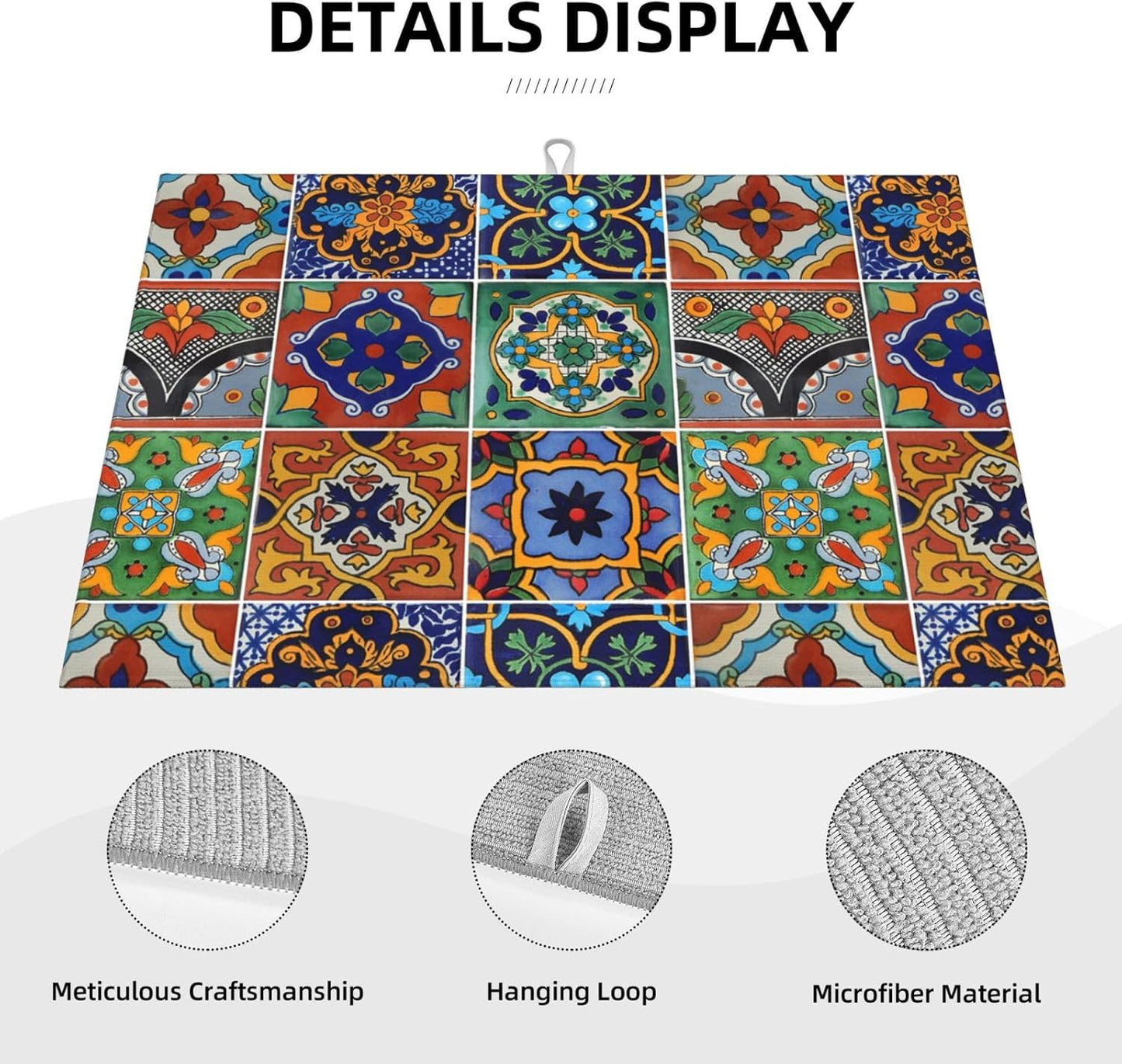 Talavera Mexican Tiles Dish Drying Mat For Kitchen Counter, Super Absorbent Microfiber Dish Drying Pad, Kitchen Gadgets For Easy Clean Multi-Use Large 18"x24"