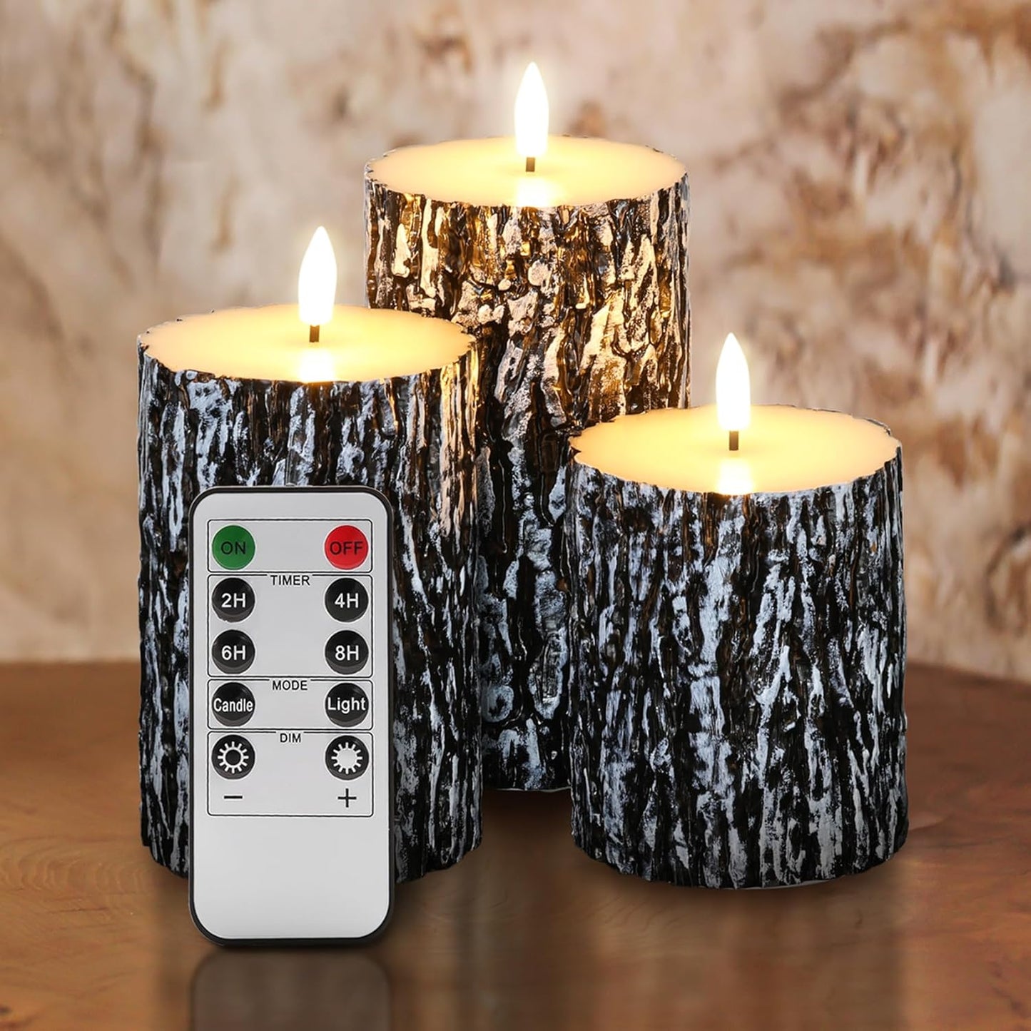 Eywamage Black Pine Bark Flameless LED Candles with Remote, Farmhouse Flickering Wood Pillar Candles Set of 3