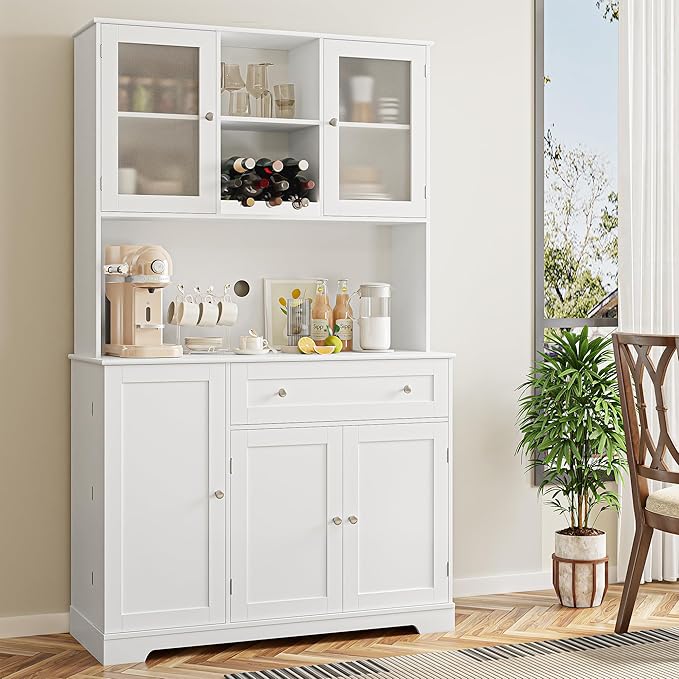 HOSTACK Kitchen Pantry Storage Cabinet, Modern Buffet Cabinet with Hutch, Tall Kitchen Hutch with Microwave Stand, Food Pantry with Doors and Shelves | Wine Rack for Dining Room, White