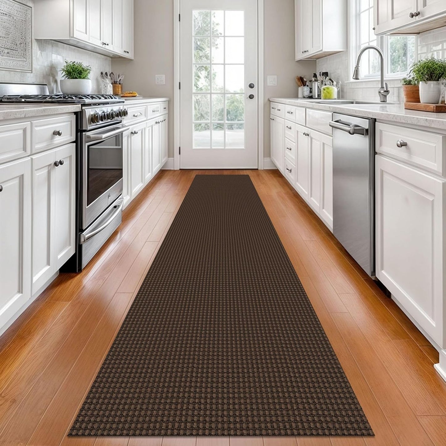 KOZYFLY Long Runners for Hallways 2x12 ft Washable Kitchen Runner Non Slip Rubber Backed Hallway Rugs Cotton Entryway Runner Rug Floor Carpet for Indoor Hall, Backdoor, Kitchen, Reddish Brown/Coffee