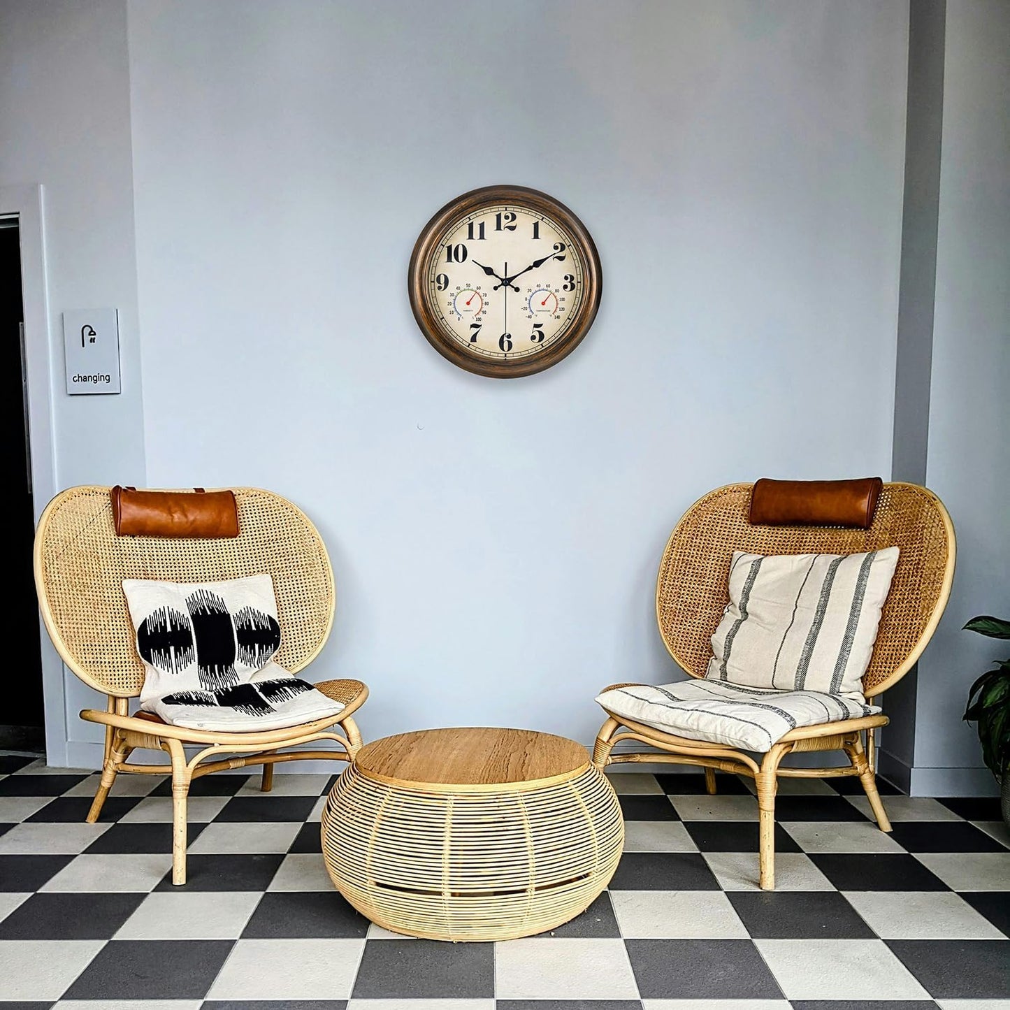 45MinST 13-Inch Vintage Outdoor Wall Clock with Thermometer and Hygrometer, Waterproof, Large Numbers, Silent, for Indoor and Outside Use,Porch,Garden,Pool(Bronze)