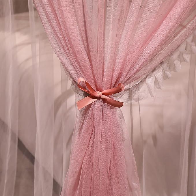 VETHIN 4 Corners Post Ruffle Princess Bed Canopy Curtain-Double Layer Cozy Drape Netting 4 Opening Mosquito Net for Girls Adults Bedroom Decoration (Pink/Whtie, 47" W*78" L*82" H/Twin)