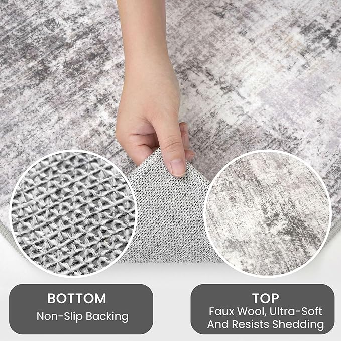 IOHOUZE Round Area Rug 5 Ft Circle Entryway Rugs Round Washable Door Mat Indoor Entrance, Non Slip Circle Front Door Rug, Printed Abstract Faux Wool Floor Carpet for Foyer Porch Sink, Grey Beige