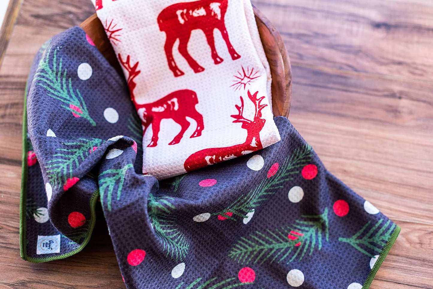 2 Pack || Not Your Ordinary Kitchen Towels || Dish Towels ||Quick Dry || Waffle Weave Microfiber || Designer Prints || Highly Absorbent || Hanging Hook (Charcoal Christmas)