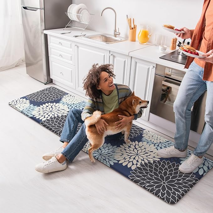 KIMODE Anti Fatigue Kitchen Mat, Cushioned Floral Kitchen Runner, Non Slip Memory Foam Kitchen Mat for Floor, Waterproof Standing Desk Mat for Laundry, Office, Sink Mutil-Blue 17.3"x59"