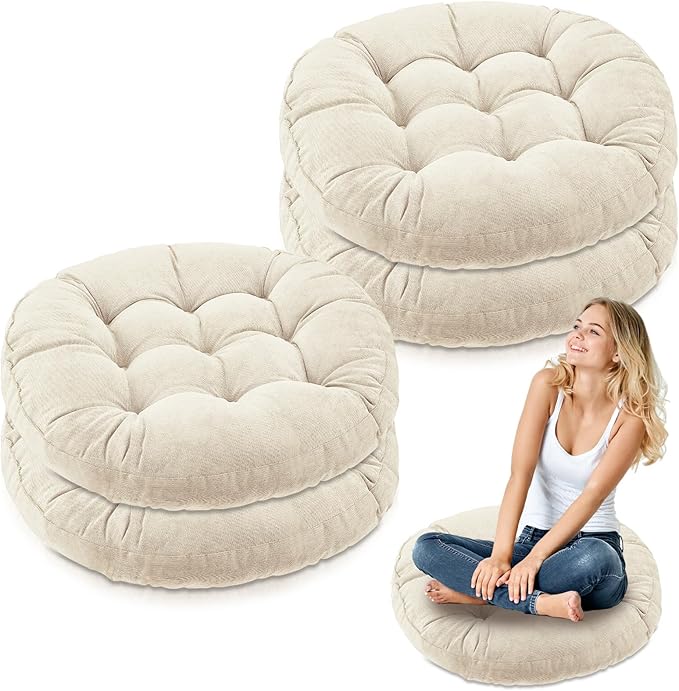 Jerify 4 Pcs Floor Pillow Cushions 22 x 22 Inch Round Square Large Meditation Floor Pillow for Classroom Adult Meditation Picnic Party Cushion for Seating Gift Christmas(Beige,Round)
