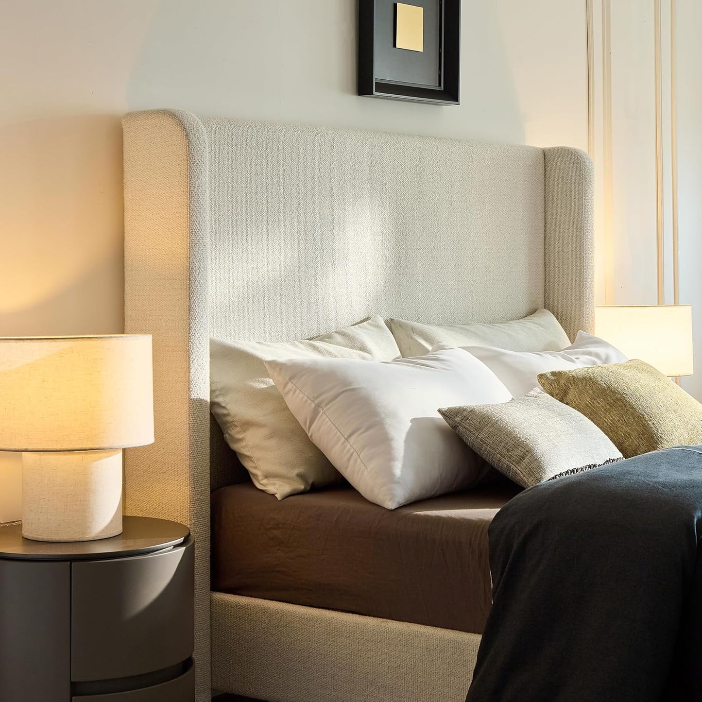 King 54" Harper Tall Headboard Wingback Upholstered Platform Bed Frame Premium Boucle Elegant Simplicity for Bedroom Strong Wood Slats Support No Box Spring Needed No Noise Cream White