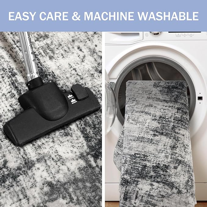 IOHOUZE Abstract Area Rugs 8x10 Ft Washable Large Rugs for Living Room, Non Slip Dining Room Rug, Printed Faux Wool Rugs for Bedroom, Floor Carpet for Office Nursery Playroom, Black Grey